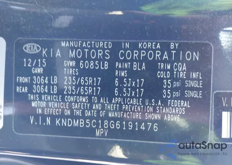 2016 Kia Sedona Lx z USA, uszkodzony, nr VIN KNDMB5C18G6191476